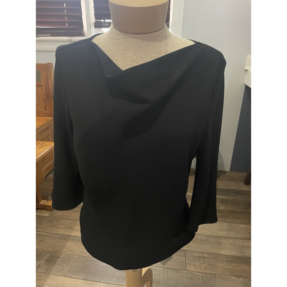 Vtg Donna Ricco Women's Black Lined 3/4 Bell Sleeve Fitted Blouse Scoop Neck 8